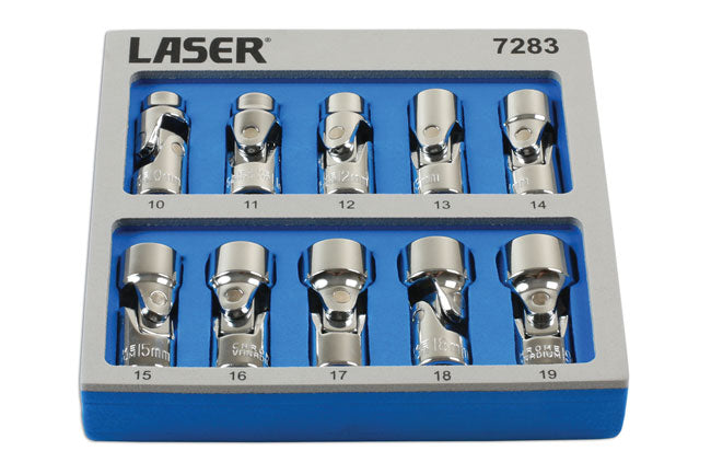 LASER 7283 Universal Joint Socket Set Polished Chrome Vanadium 3/8" 10pc