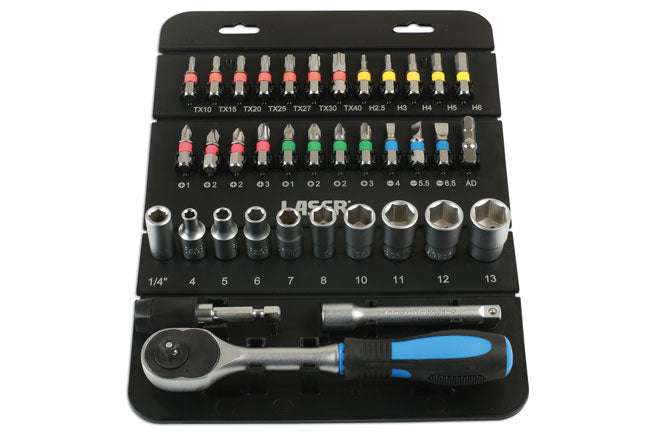 LASER 7310 Socket & Bit Set Satin Finish Chrome Vanadium Tool 1/4" 37pc