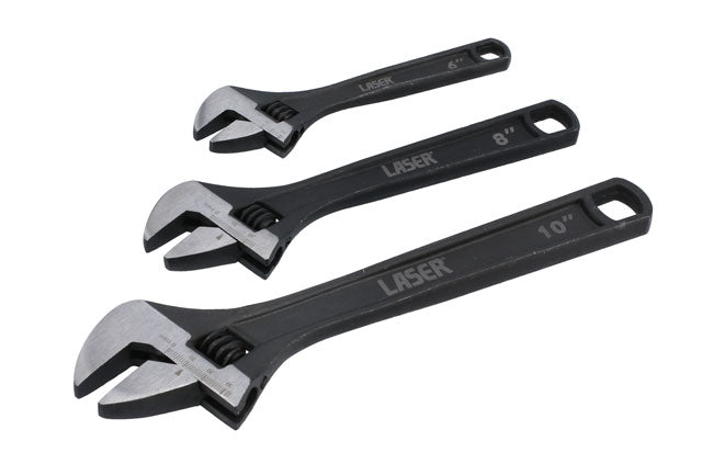 LASER 8677 Adjustable Wrench Set 3pc Chrome Vanadium Steel With Measuring Scale