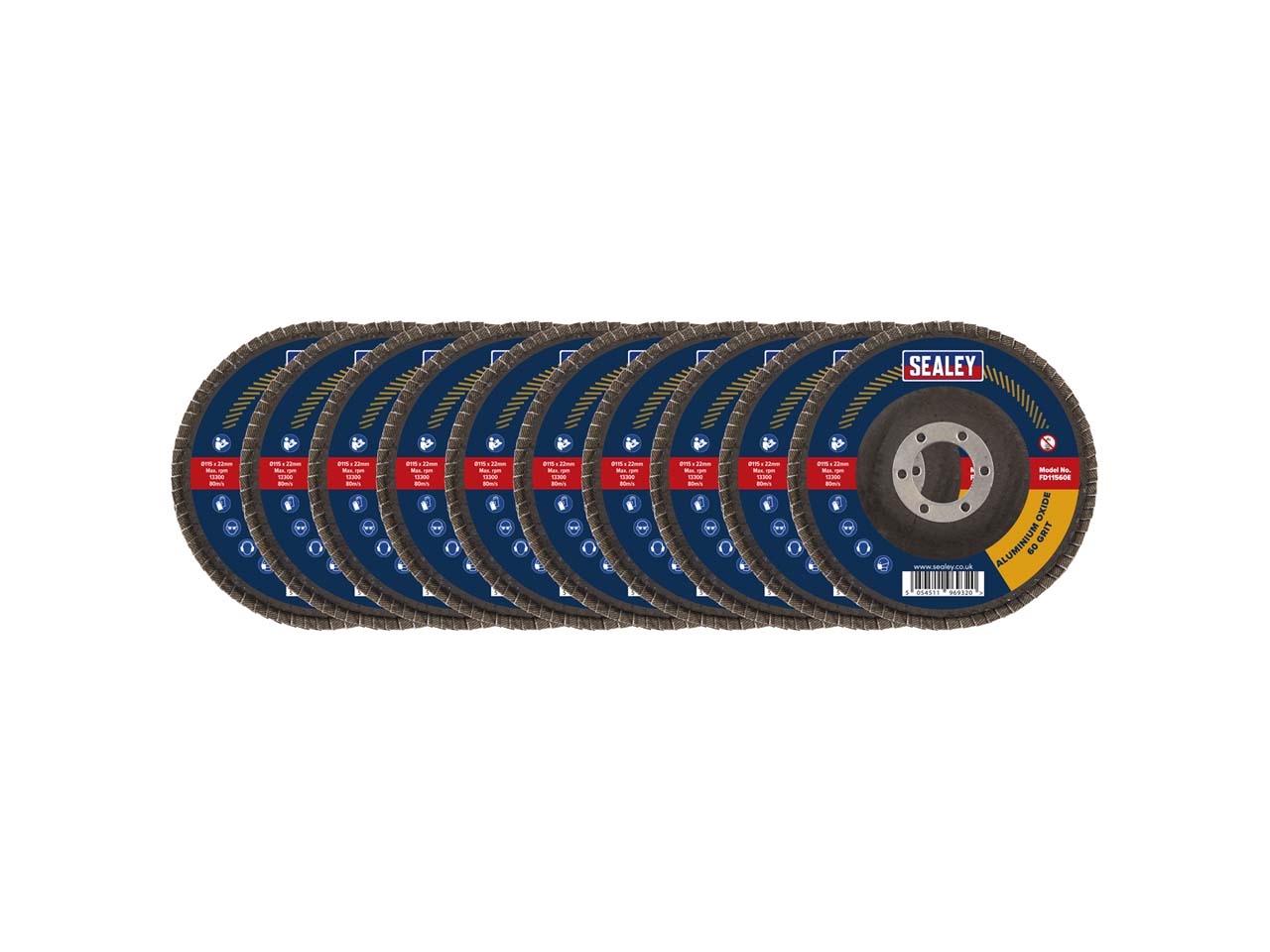 Sealey Assorted Grit Flap Discs Alum Oxide 115mm 22mm Bore 10 Pack FD115EMIX