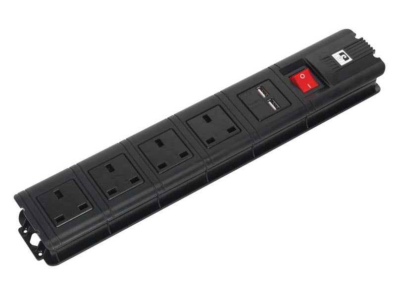 Sealey Extension Lead Cable 3 Metres 4 x 230V + 2 x USB Sockets - Black EL34USBB