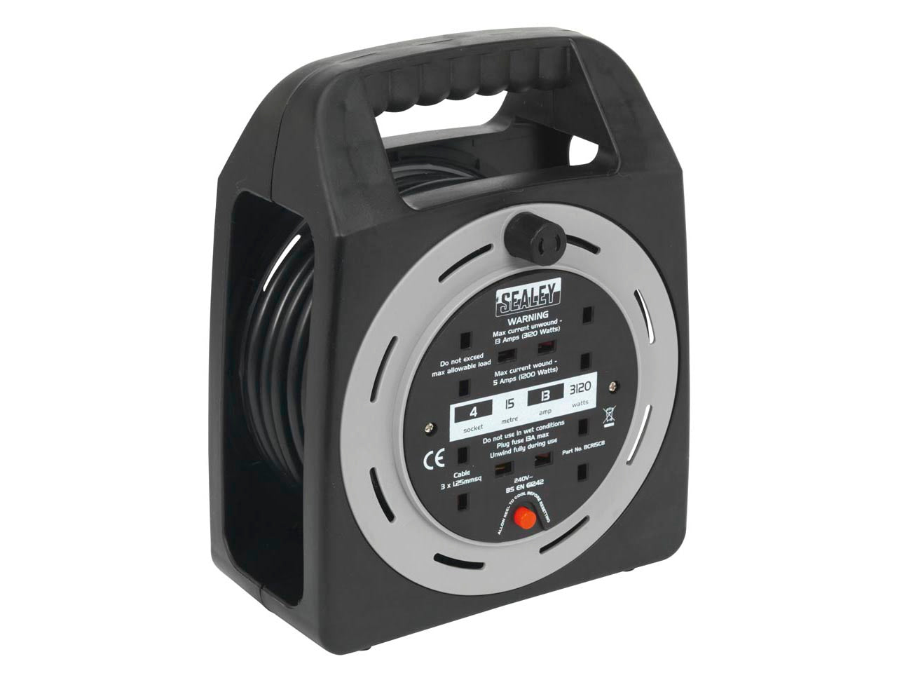 Sealey Cable Reel Box Type 15 Metres 4 x 230V 1.25mm² With Thermal Trip BCR15CB