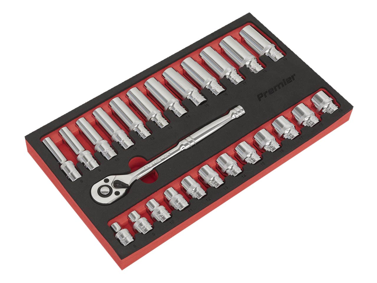Sealey Ratchet Wrench Socket Rail Set 25 Pieces 3/8" Square Drive AK66722