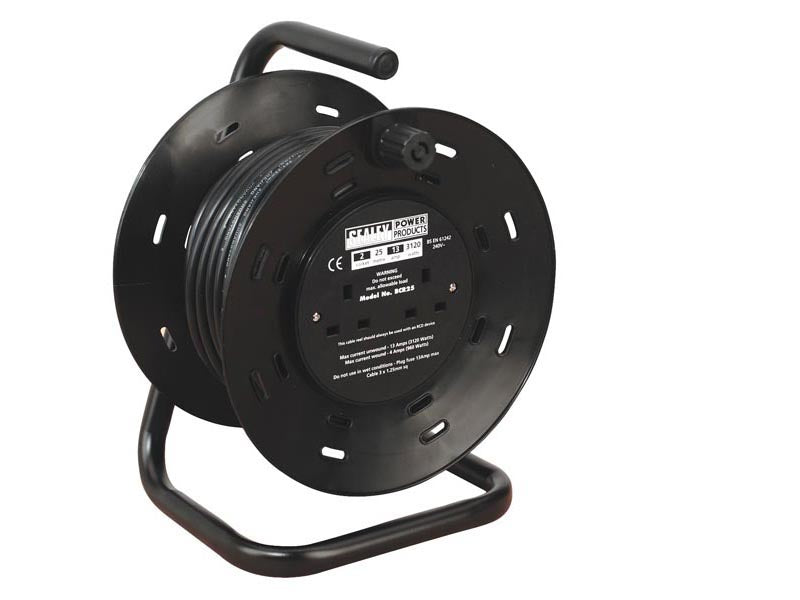 Sealey 25m Cable Reel Extension With Thermal Trip 4 x 230V Sockets 3-Pin BCR25