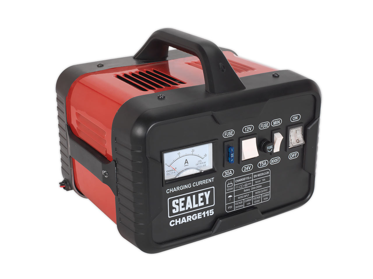 Sealey 19A 12V 24V Battery Charger With Sturdy Carry Handle Steel Case CHARGE115