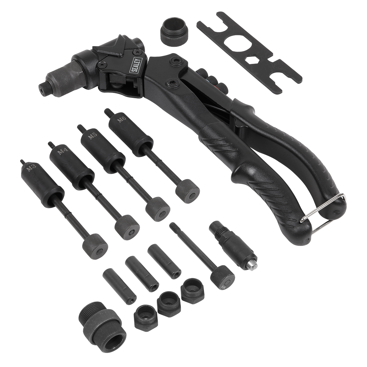 Sealey Blind Nut & Stud Riveting Kit With Rubber Grip Handle Black AK396