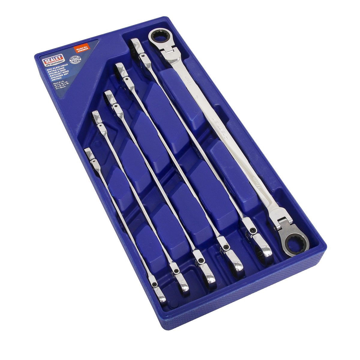 Sealey Flexi-Head Double End Ratchet Ring Spanner Set 6 Pcs Extra-Long AK63832