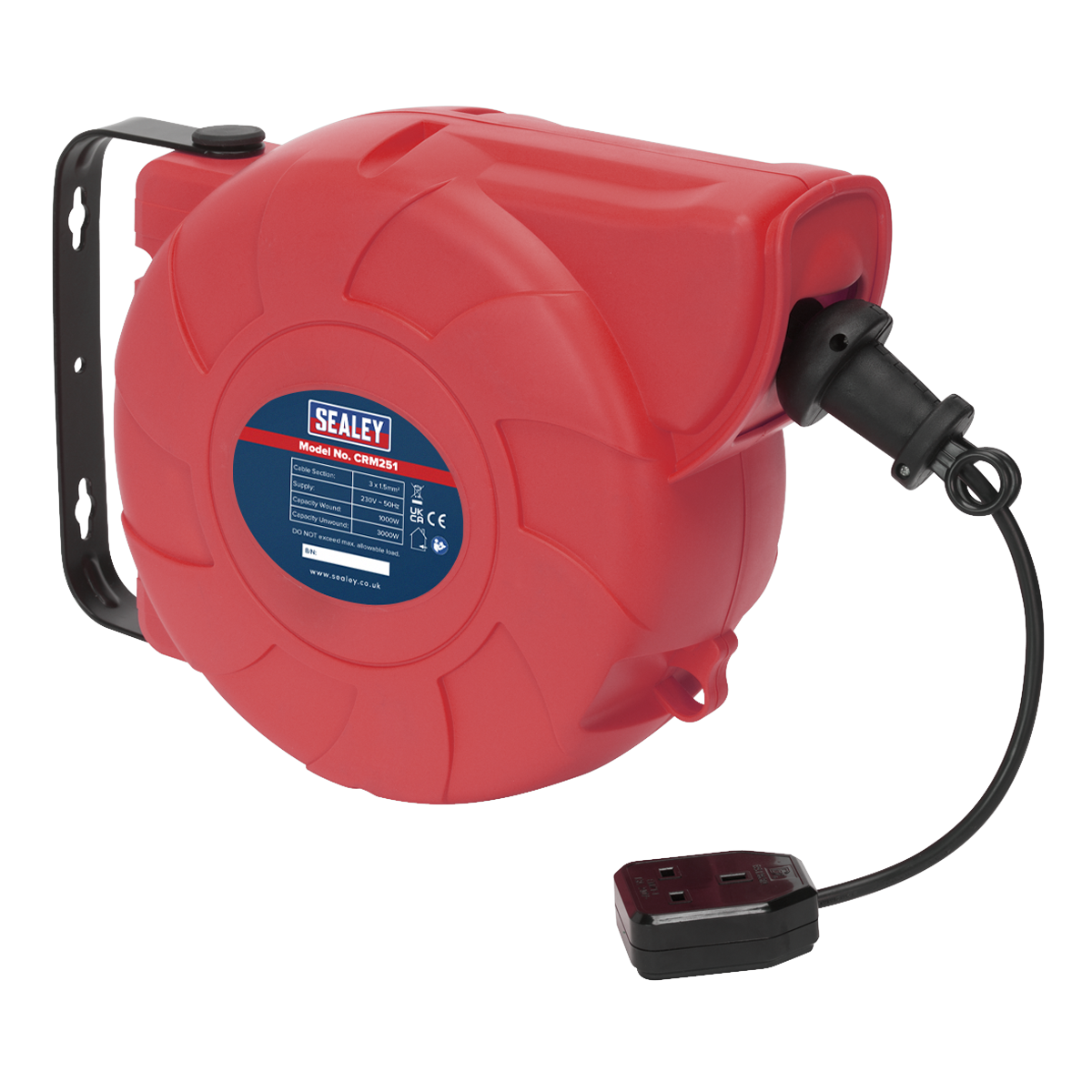 Sealey Cable Reel System Retractable 25M 1 x 230V Socket Red/Black CRM251