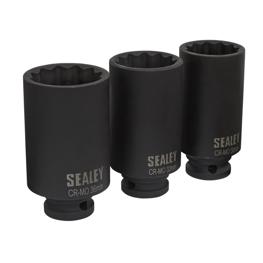 Sealey Impact Hub Nut Socket Set 3 Pieces 12-Point 1/2" Square Drive Black SX051