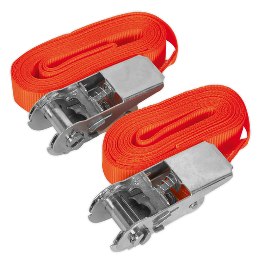 Sealey Self-Securing Ratchet Tie Down 25mm 4.5m 500kg - Orange Pair TD05045E