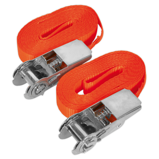 Sealey Self-Securing Ratchet Tie Down 25mm 4.5m 800kg - Orange Pair TD08045E