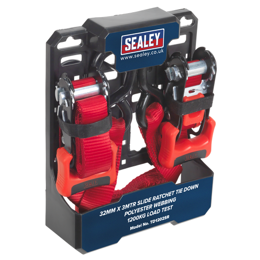Sealey Slide Ratchet Tie Down 32mm 3m Polyester Webbing S Hooks 1200kg TD1202SR