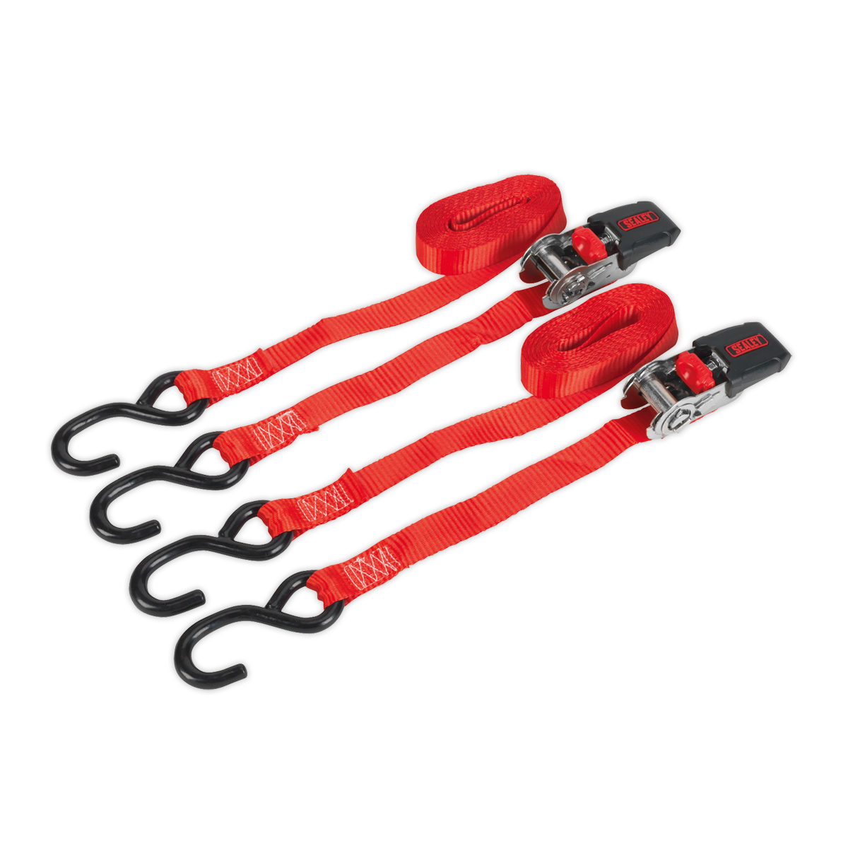 Sealey Ratchet Tie Down 25mm 4m Polyester Webbing S Hooks 800kg Pair TD284SD