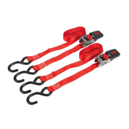 Sealey Ratchet Tie Down 25mm 4m Polyester Webbing S Hooks 800kg Pair TD284SD