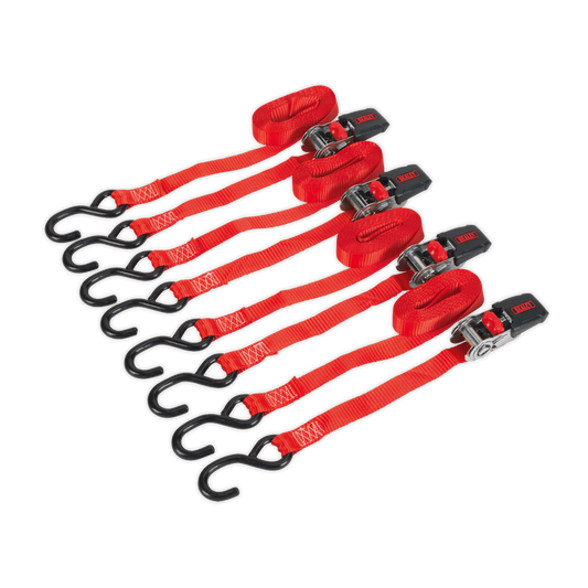 Sealey Ratchet Tie Down 25mm 4m Polyester Webbing S Hooks 800kg Pairs TD484SD