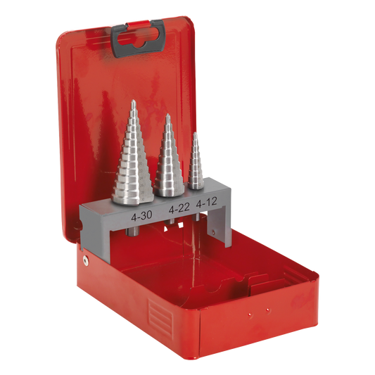 Sealey High-Speed Double Straight Flute M2 Step Drill Bit Set 3 Pieces AK4733