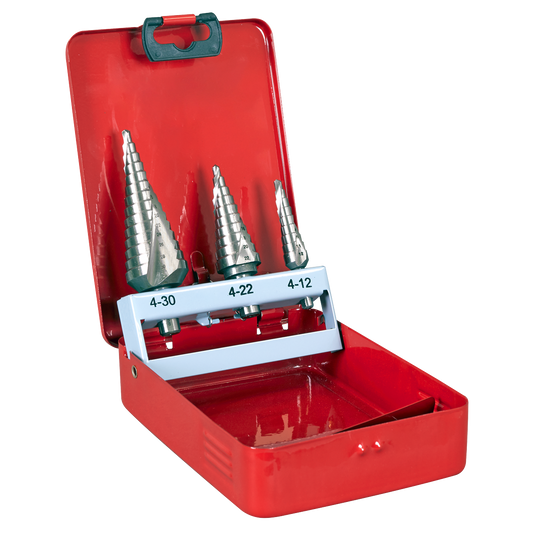 Sealey HSS M2 Spiral Flute Step Drill Bit Set 3p In Flip-Up Metal Case AK4743