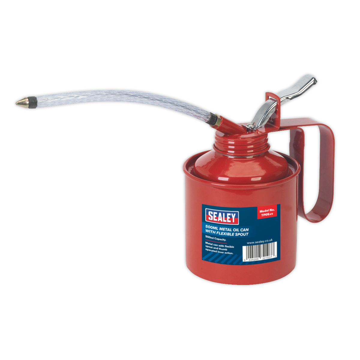 Sealey Metal Oil Can With Flexible Spout For Lubricating 500mL Red TP05