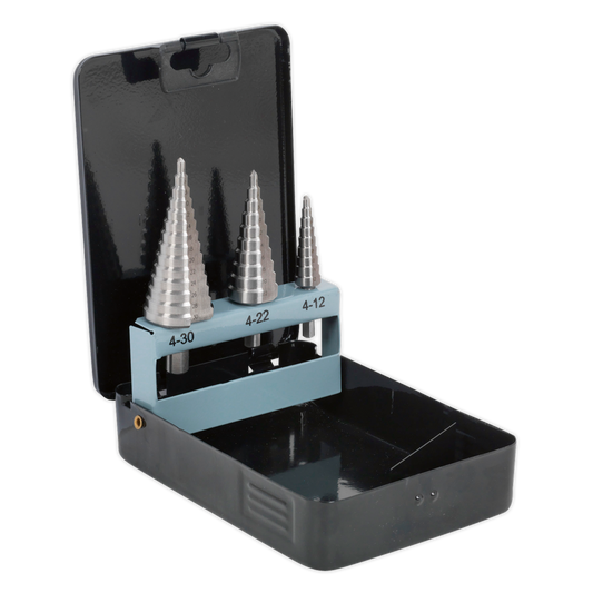 Sealey HSS 4341 Step Drill Bit Set 3 Pieces Double Straight Flutes AK4746