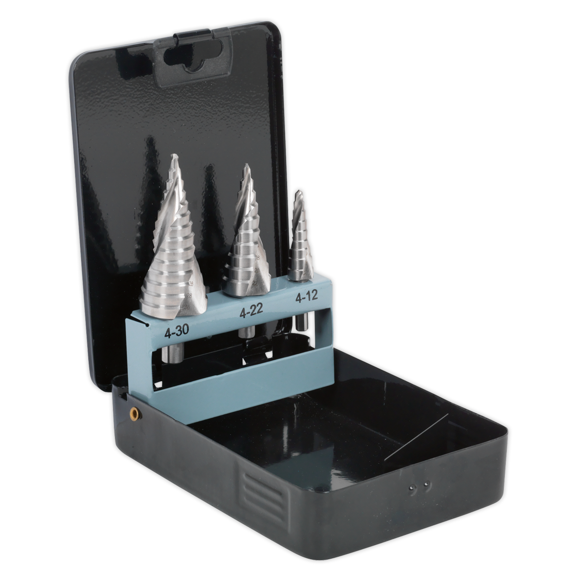 Sealey HSS 4341 Step Drill Bit Set Spiral Flute 3pc In Flip-Up Metal Case AK4749