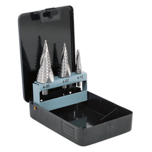 Sealey HSS 4341 Step Drill Bit Set Spiral Flute 3pc In Flip-Up Metal Case AK4749