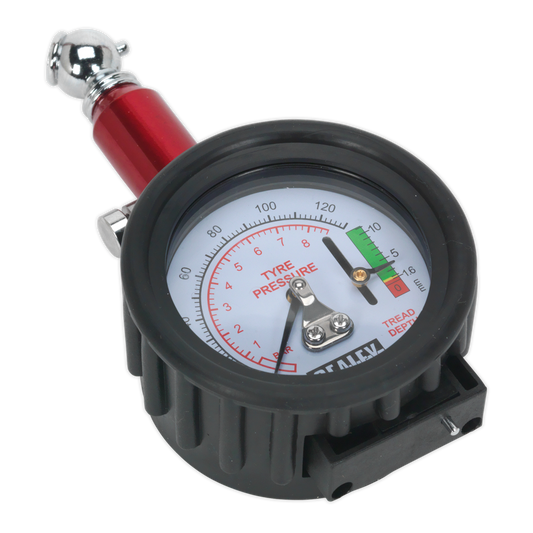 Sealey Tyre Pressure Gauge With Tyre Tread Depth Gauge 45° Angle Chuck TSTPDG01