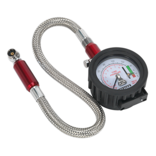 Sealey Tyre Pressure Gauge With Tyre Tread Depth Gauge - Flexi Hose TSTPDG02