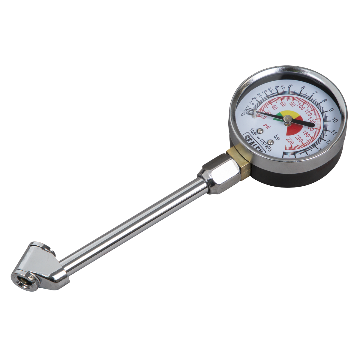 Sealey Twin Connector Dial Type Tyre Pressure Gauge 0-220PSI 120mm TSTPG34