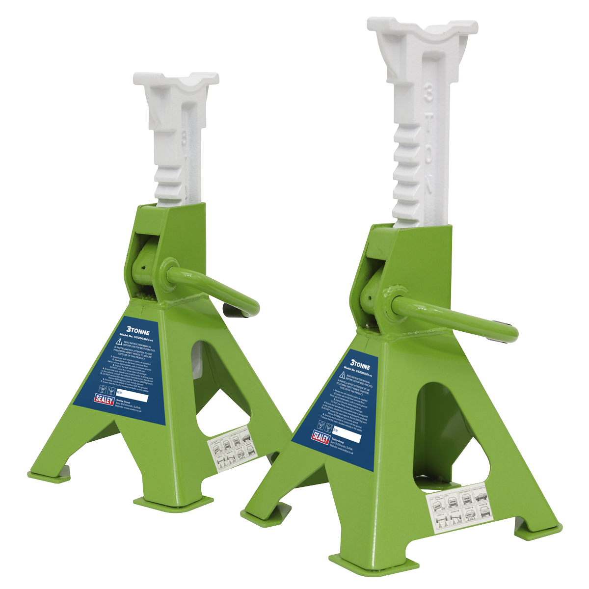 Sealey Load Axle Stands x2 3 Tonne Cap/Stand Ratchet Type Hi-Vis Green VS2003HV