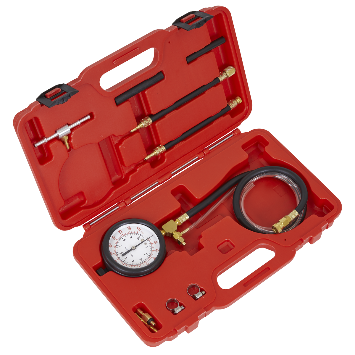 Sealey Fuel Injection Pressure Test Kit Adaptors & Fittings With Gauge VSE211