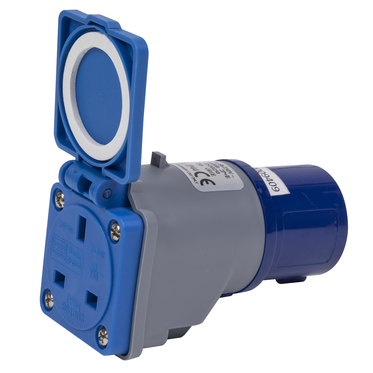 Sealey Socket Adaptor 16A/13A 230V With 2P+E Plug IP44 Rated Blue/Silver W1613PS