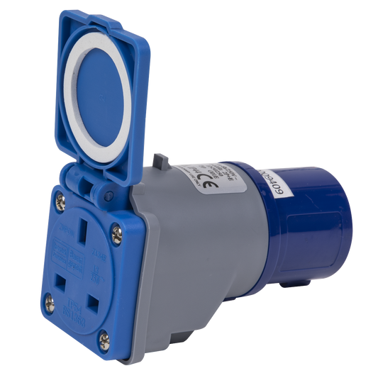 Sealey Socket Adaptor 16A/13A 230V With 2P+E Plug IP44 Rated Blue/Silver W1613PS