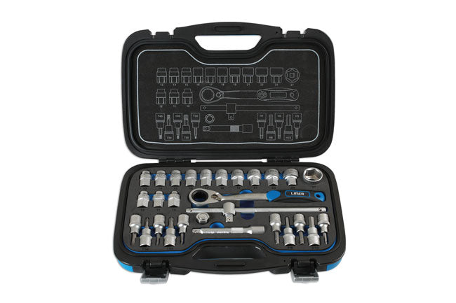 LASER 7054 Go Thru Socket Set Satin Finish Chrome Vanadium 1/2" 28 Pieces