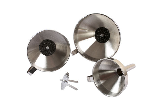 LASER 7099 3 Pieces Stainless Steel Funnel Set Handles With Filters 100-140mm