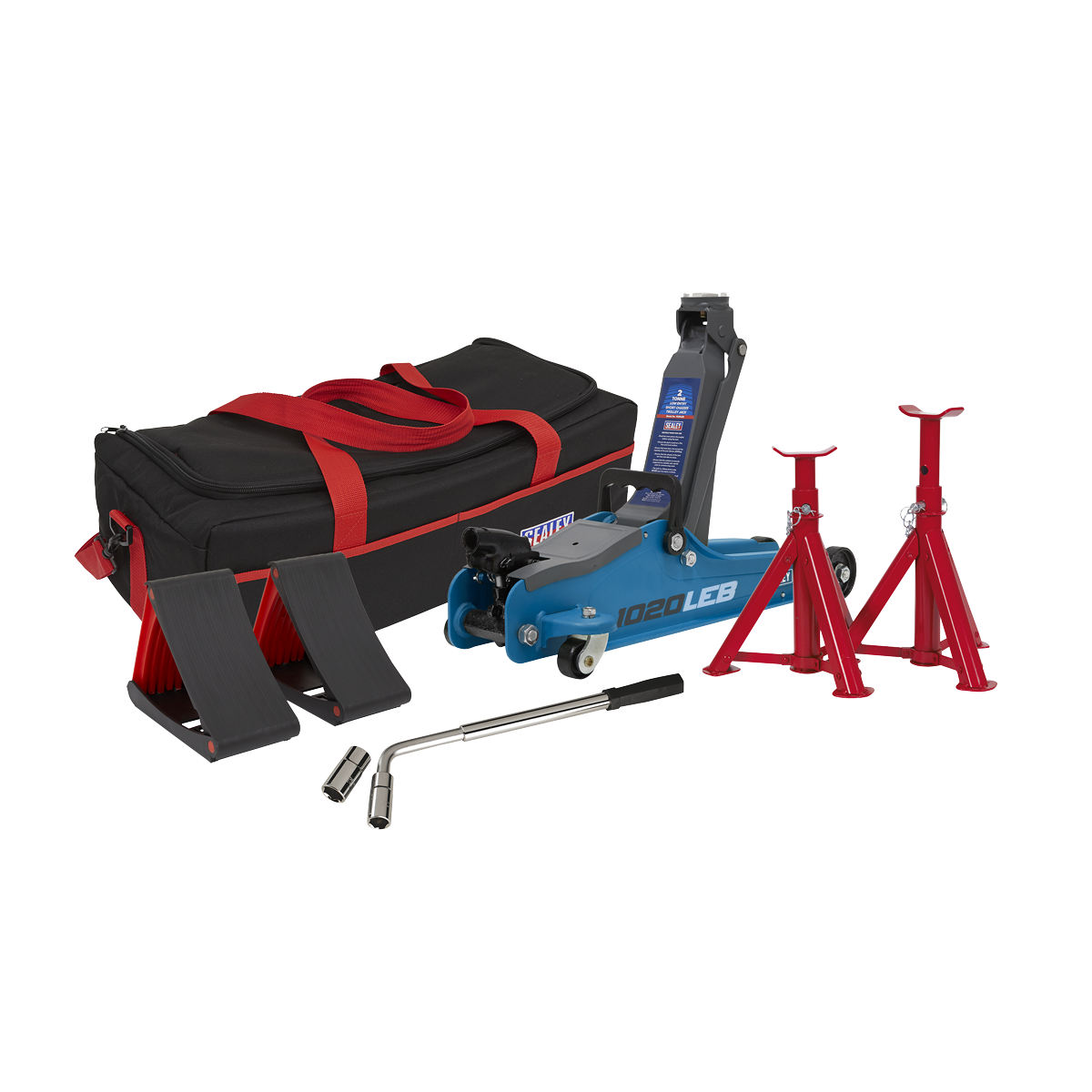 Sealey 2 Tonne Low Entry Short Chassis Trolley Jack Blue Set 1020LEBBAGCOMBO