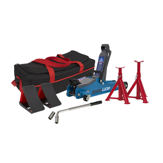 Sealey 2 Tonne Low Entry Short Chassis Trolley Jack Blue Set 1020LEBBAGCOMBO
