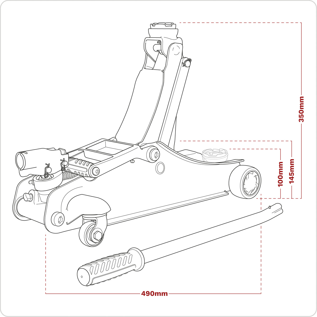 Sealey Handle Trolley Jack 2 Tonne Low Profile Short Chassis Red 2180LE