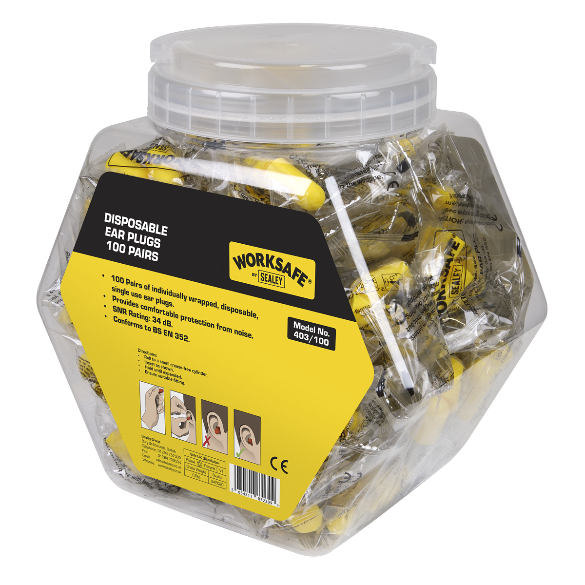 Sealey Disposable Ear Plugs Soft Foam 100 Pairs SNR 38dB BS EN 352 403/100