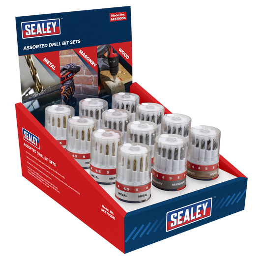 Sealey Assorted Drill Bit Sets Display Box 12 Pieces HSS Masonry Wood AK5700DB