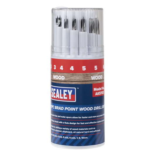 Sealey Brad Point Wood Drill Bit Set C45 Steel 11 Pcs With Plastic Case AK5703