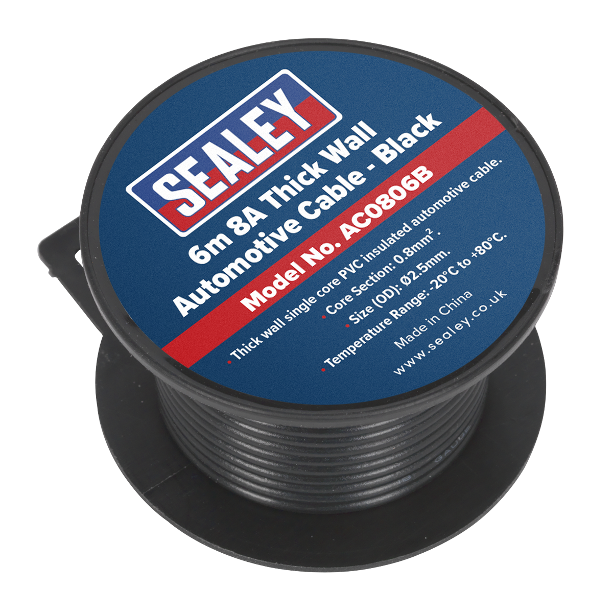 Sealey Thick Wall Automotive Cable 8A 6 Meters -20°C To +80°C Black AC0806B