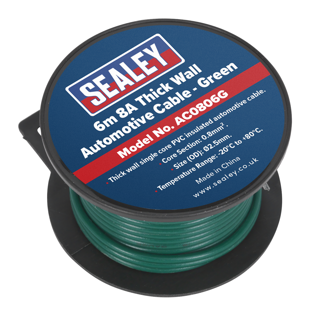 Sealey Thick Wall Single Core PVC Coated Automotive Cable 8A 6m Green AC0806G