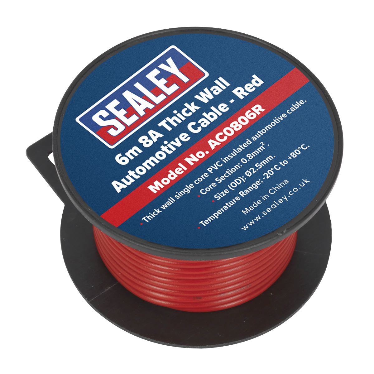 Sealey Thick Wall Automotive Cable 8A Single Core PVC Coated 6m Red AC0806R