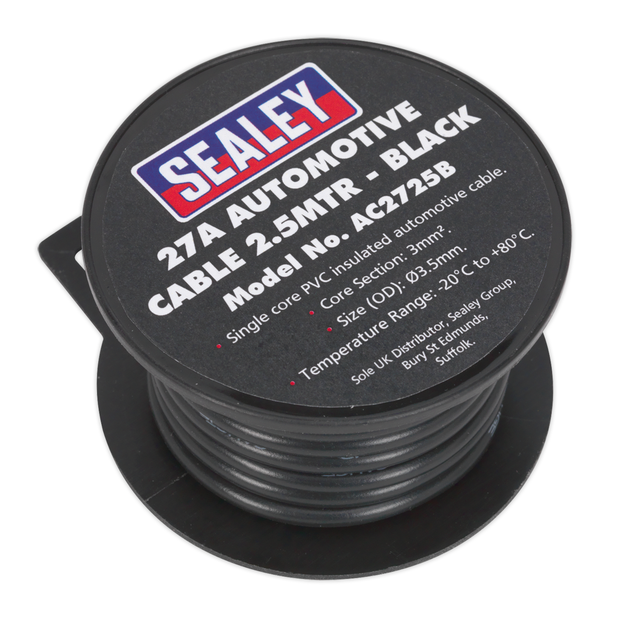 Sealey 2.5m 27A Thick Wall Single Core PVC Coated Automotive Cable Black AC2725B