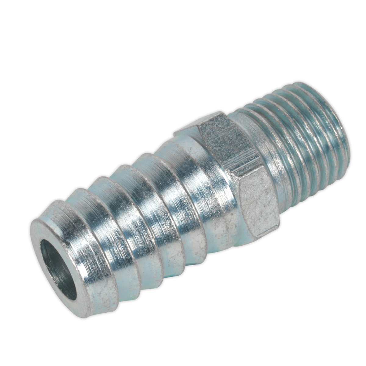 Sealey Screwed Tailpiece Male 1/4" BSPT - 1/2" Hose Silver Pack of 5 Pieces AC40