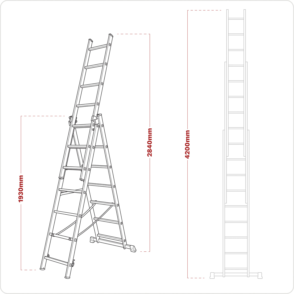 Sealey Extension Combination Ladder Aluminium 3 x 7 Steps 150kg 5m Height ACL307