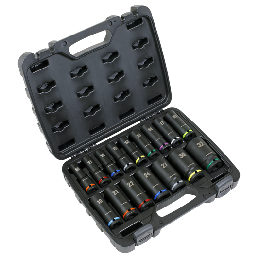 Sealey Impact Socket Set 16 Pieces 1/2" Square Drive Deep Metric AK5818M