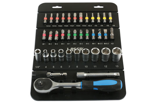 LASER 7310 Socket & Bit Set Satin Finish Chrome Vanadium Tool 1/4" 37pc