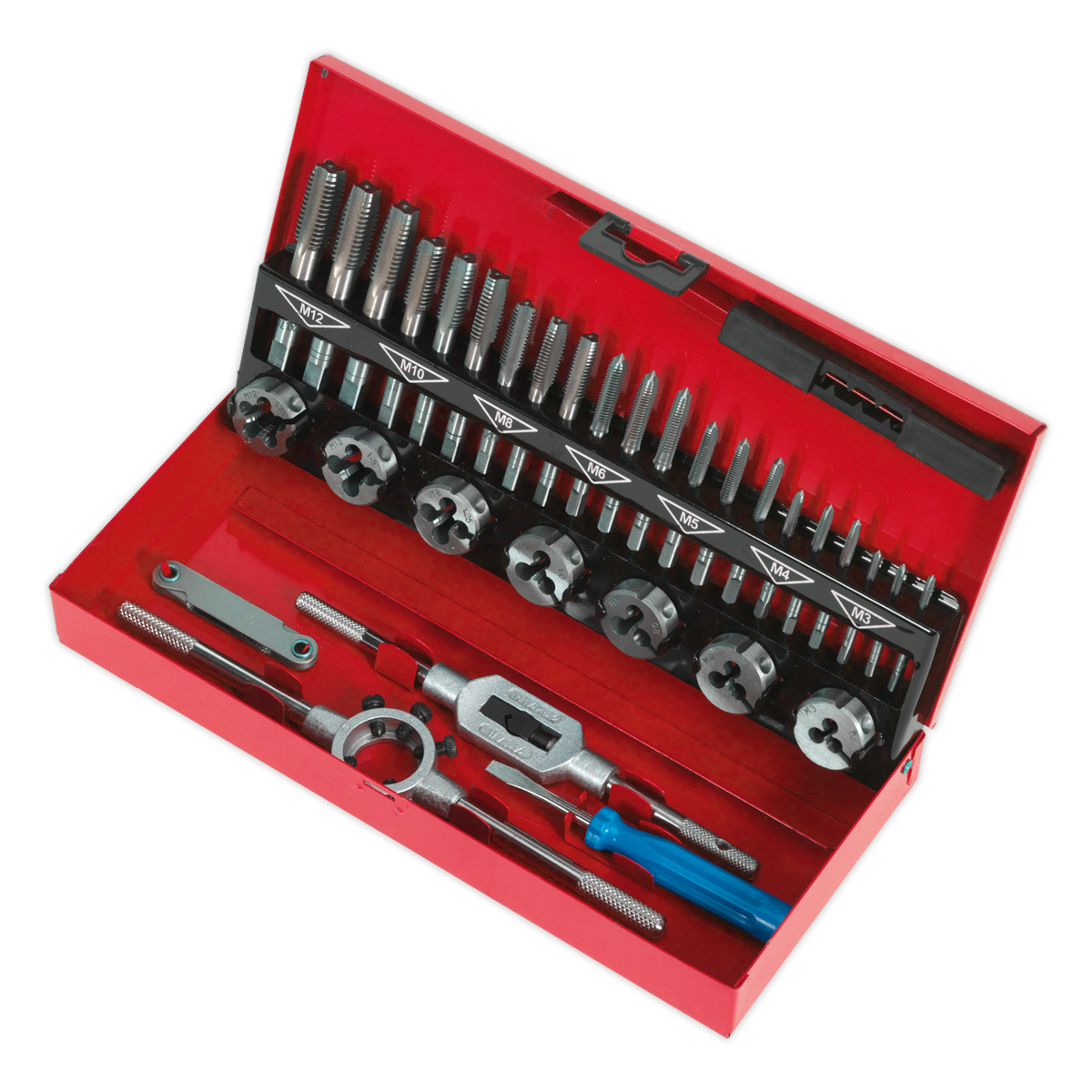 Sealey Tap & Die Set 32Pc Split DiesTap Wrench Steel & Die Handle Metric AK3015