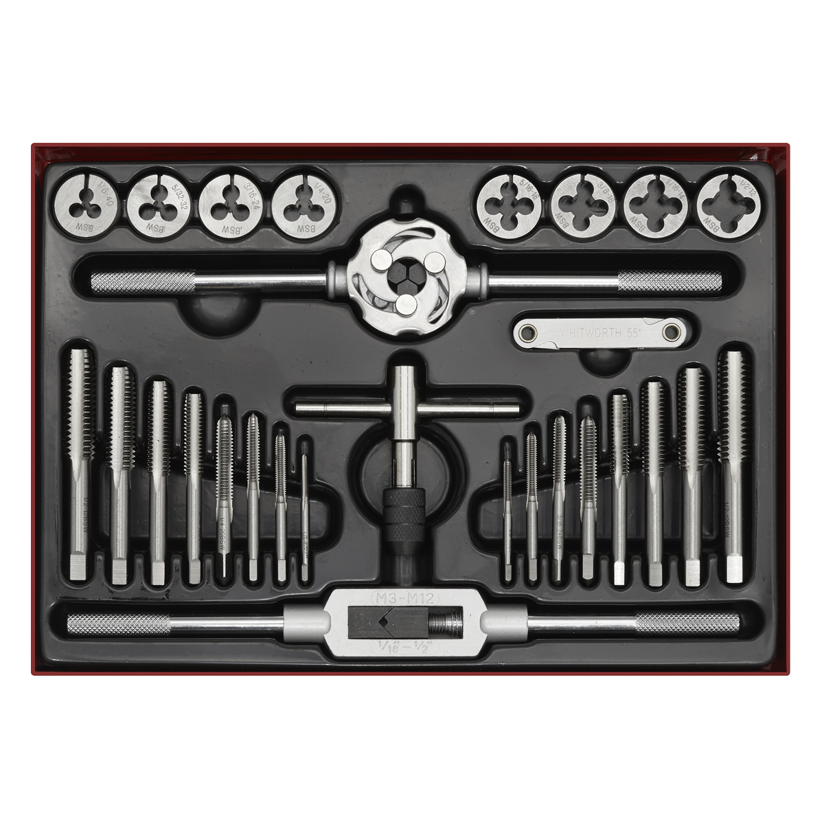 Sealey Tap & Die Set 28 Pieces Split Dies Imperial BSW 1/8"-1/2" AK3028BSW